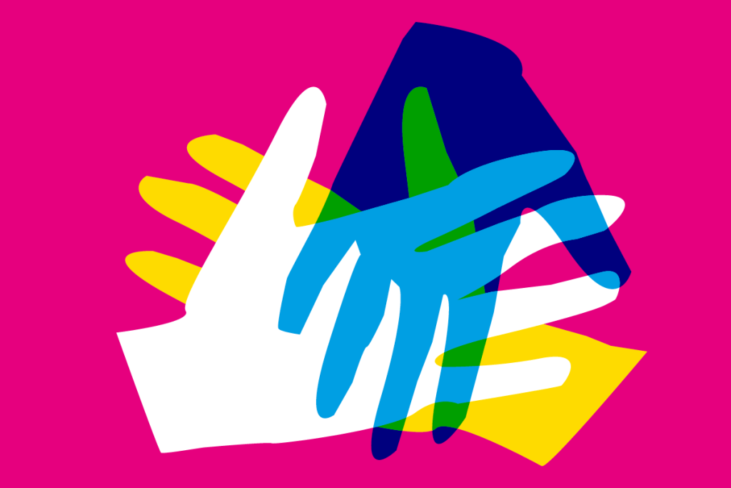 Dessin de mains les unes sur les autres, évoquant un travail d'équipe