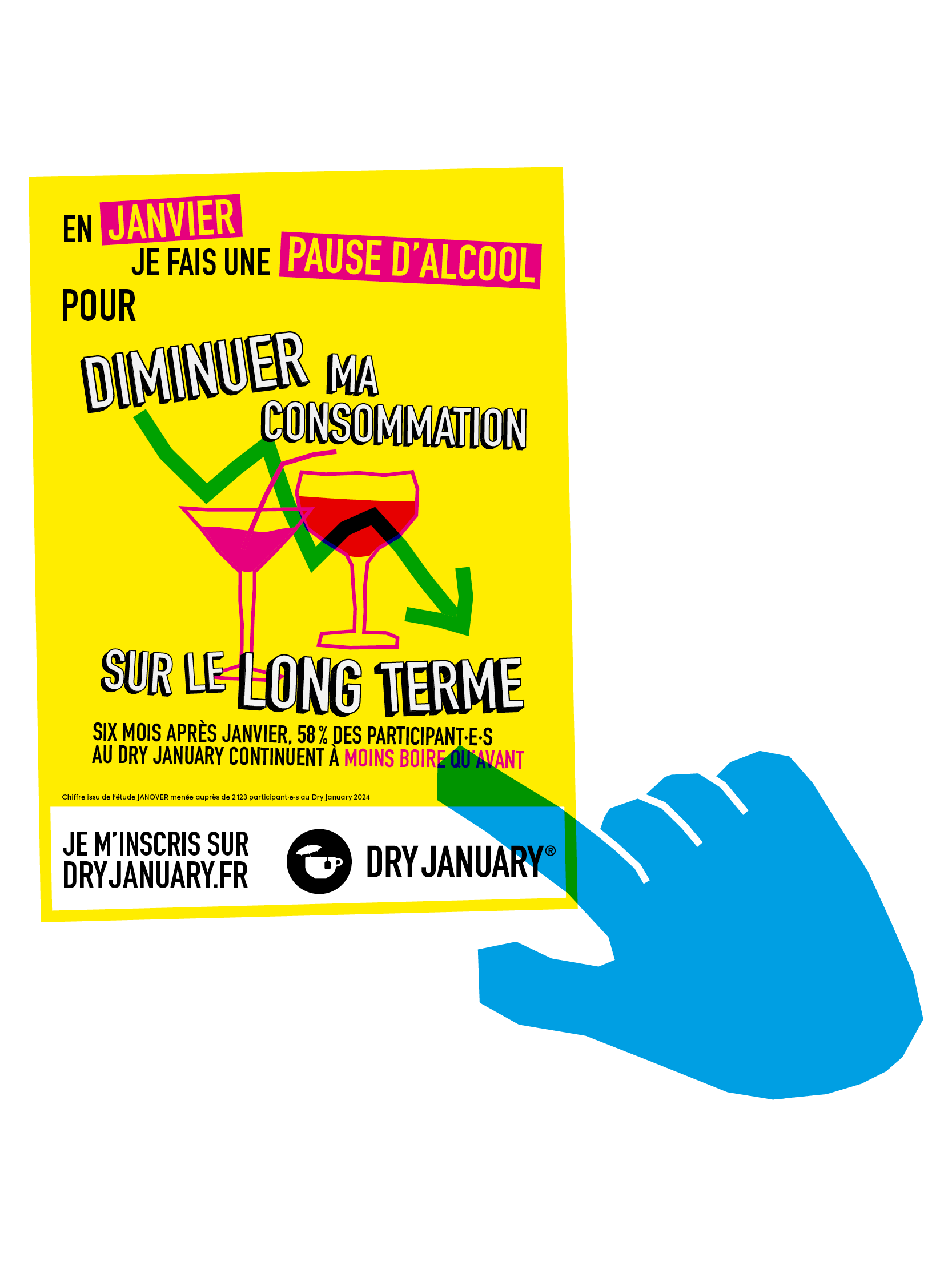 Une main montre du doigt une affiche du Dry January